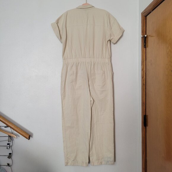 Universal Thread Womens Beige Button-Front Jumpsuit Size 16 Short Sleeve Cotton - Picture 2 of 8